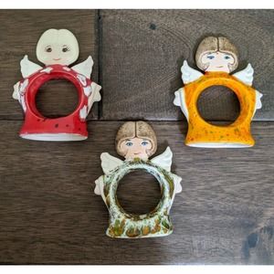 Set lot 3 PCs ceramic angel napkin rings handmade hand painted Christmas dinner